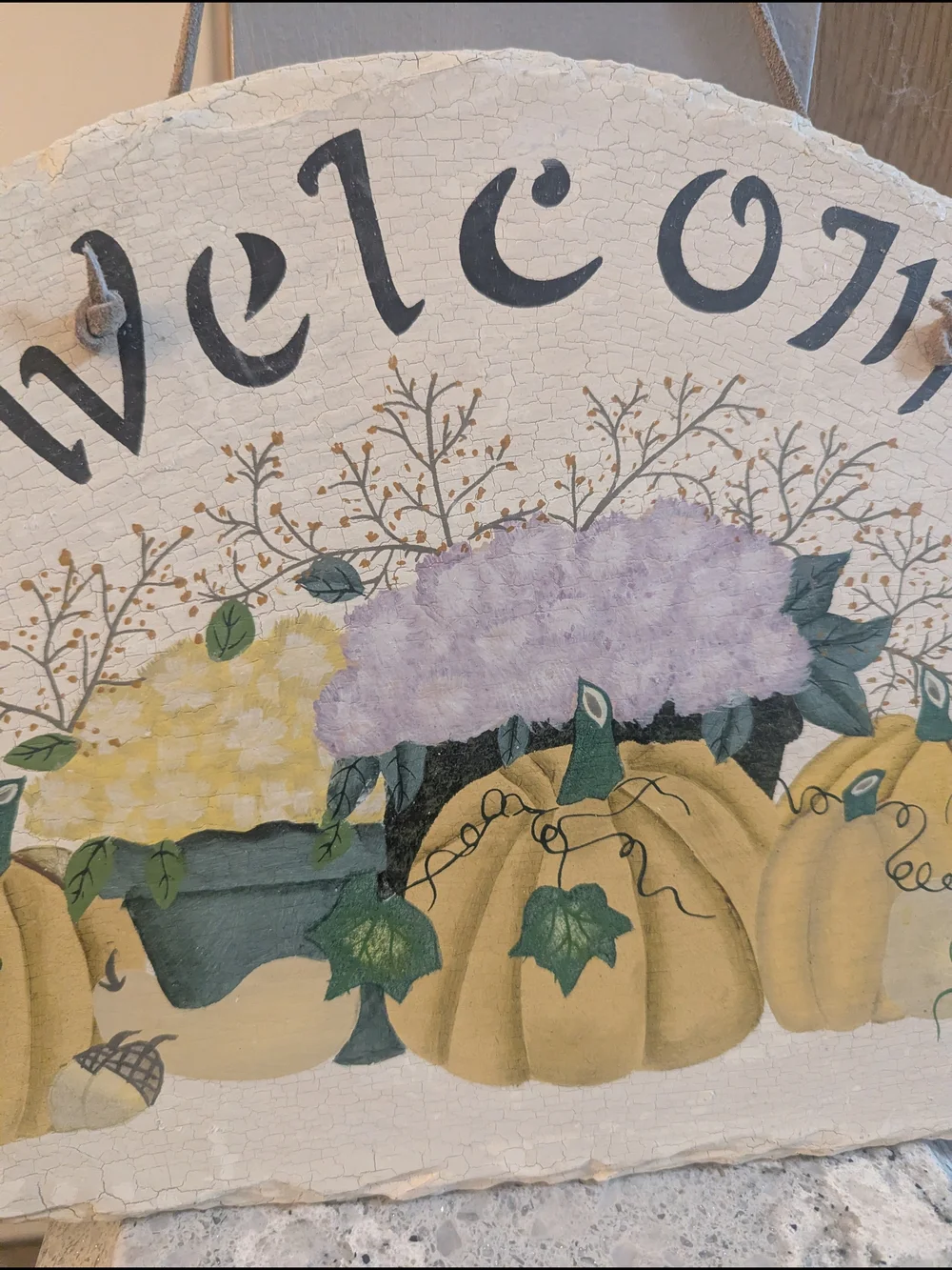 Vintage Welcome Hanging Painted Slate Sign Indoor Outdoor Slates Ornate Pumpkins